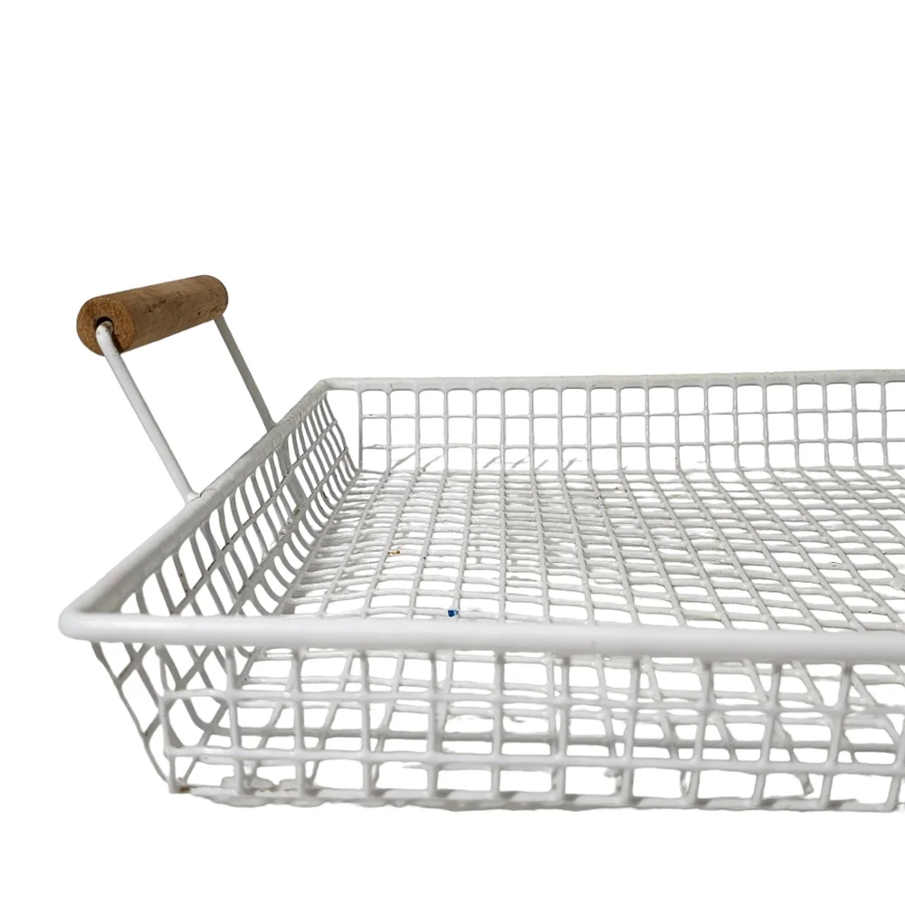 Vintage White Wire Mesh Paper Basket Tray With‎ Turned Wood Handles